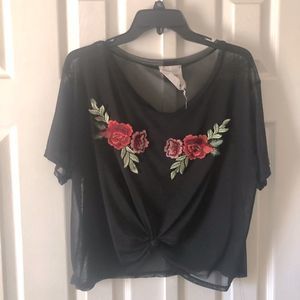 American Rebel black sheer twist embroidered Rose top size XL